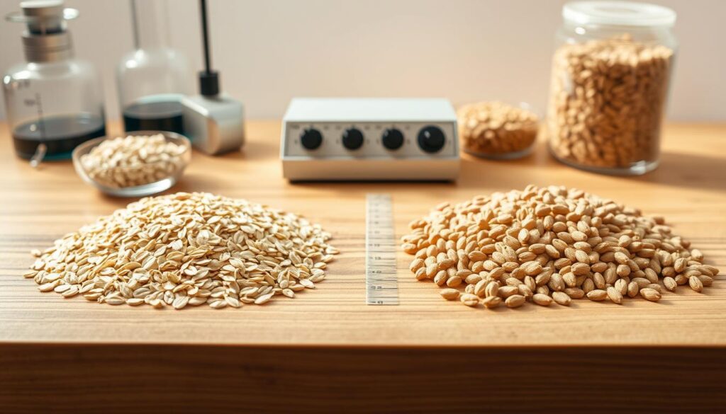 A detailed comparison of the calorific values of oats and wood pellets, displayed on a well-lit wooden table. In the foreground, precisely measured samples of oats and pellets are neatly arranged, with scientific-looking instruments nearby. The middle ground showcases a clean, minimalist layout, accentuating the key visual elements. The background features soft, natural lighting, creating a warm, informative atmosphere conducive to the educational nature of the subject matter. The overall composition is balanced, professional, and designed to effectively illustrate the topic of "Calorific value of oats vs. wood pellets".