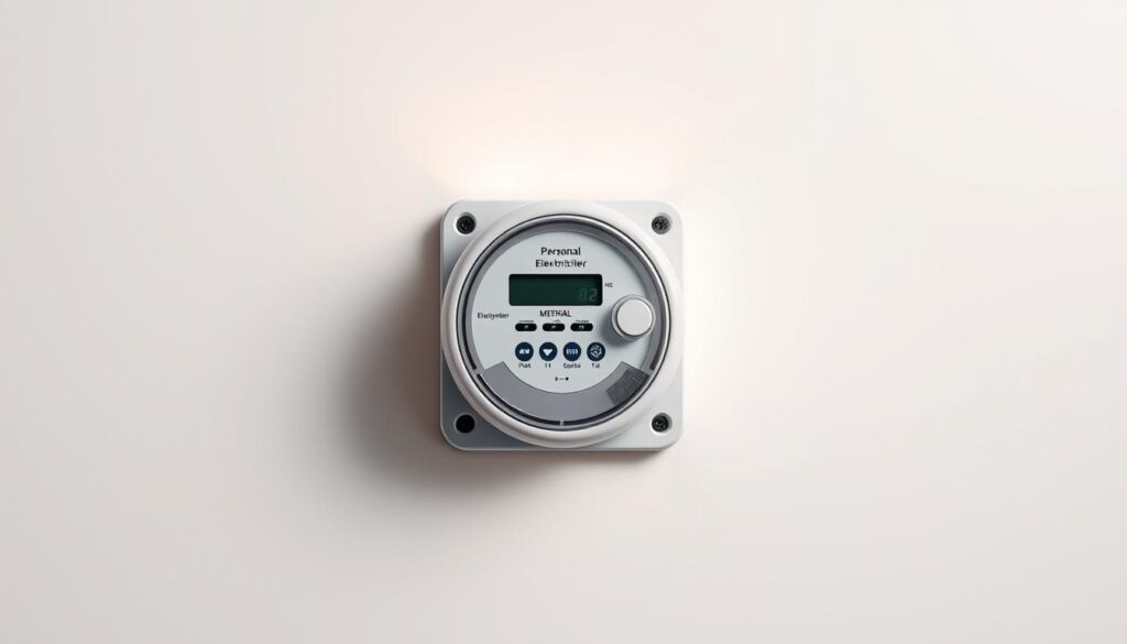 A modern, high-quality personal electricity meter mounted on a clean, white wall. The meter is well-lit, with warm, directional lighting from above casting shadows and highlighting the digital display and various components. The meter is the central focus, surrounded by a simple, minimalist background that allows it to stand out. The overall composition is balanced and aesthetically pleasing, conveying a sense of order and efficiency, fitting the "Wprowadzenie do tematu" section of the article.