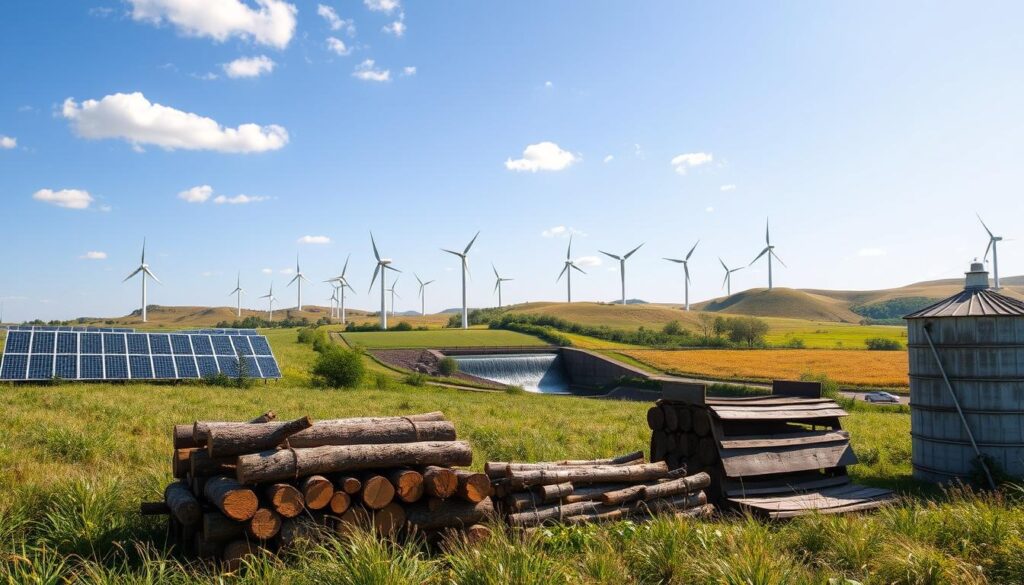 A sun-dappled field of diverse alternative energy sources, including rows of tall, swaying solar panels, clusters of wind turbines rotating gently against a cloudless sky, and a small hydroelectric dam nestled among rolling hills. In the foreground, a pile of neatly stacked wooden logs and a weathered silo, hinting at the potential of biomass and agricultural waste as sustainable fuels. The scene evokes a harmonious coexistence of traditional and modern energy solutions, with a sense of environmental stewardship and technological innovation. Captured through the lens of a wide-angle camera, the image conveys a balanced, holistic approach to the future of energy production.