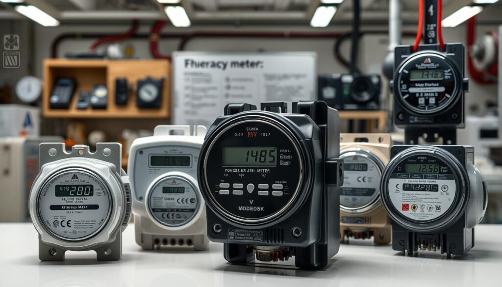 A well-lit, high-resolution photograph of various types of electrical energy meters displayed on a clean, uncluttered background. The meters should be shown in the foreground, each with its distinctive design and functionality clearly visible. The middle ground should include technical details about the meters, such as their power ratings, display screens, and connection ports. The background should convey a sense of a modern, professional setting, such as an electrical engineering lab or a utility company showroom, with minimal distractions. The overall mood should be informative, precise, and visually appealing, highlighting the importance and diversity of energy meters in the residential and commercial power distribution system.