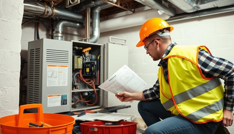Instalator sprawdzający instalację CO z narzędziami i schematami