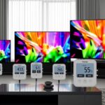 Różne modele telewizorów o różnych przekątnych i technologiach wyświetlania, pokazujące zużycie prądu przez telewizor