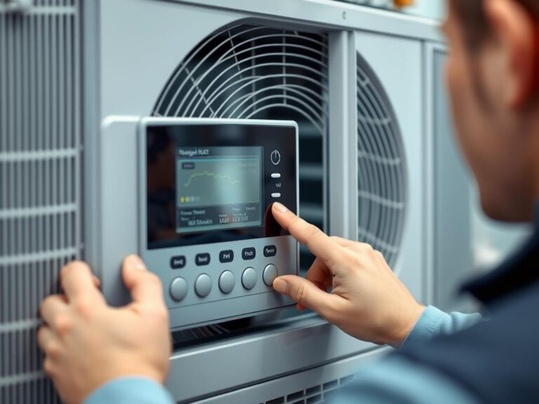 Technik sprawdzający ustawienia pompy ciepła na panelu sterowania