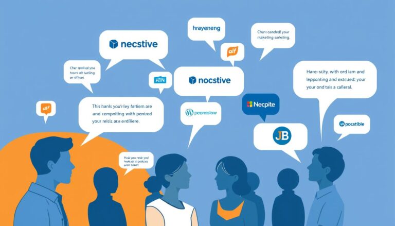 Grafika przedstawiająca koncepcję marketingu szeptanego z ludźmi dzielącymi się opiniami