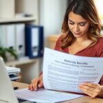 Kobieta w ciąży czytająca dokumenty dotyczące zasiłku macierzyńskiego po ustaniu zatrudnienia