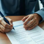 Osoba pisząca CV ręcznie przy biurku z długopisem