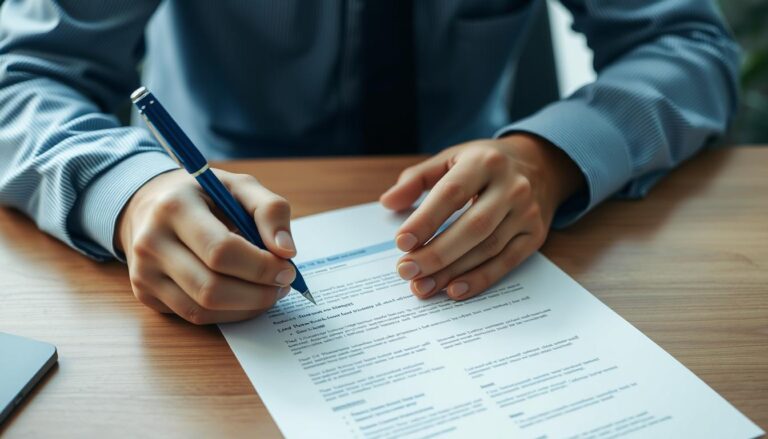 Osoba pisząca CV ręcznie przy biurku z długopisem