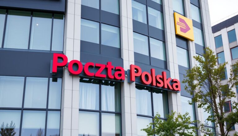 Budynek głównej siedziby Poczty Polskiej z logo firmy, gdzie podejmowane są decyzje dotyczące akcji dla pracowników