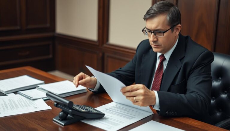 Komornik analizujący dokumenty dotyczące zajęcia delegacji pracowniczych