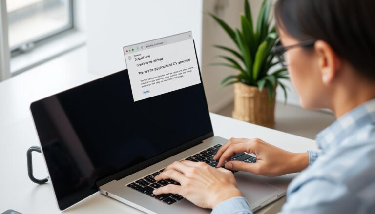 Osoba pisząca maila z CV na laptopie, skupiając się na tytule wiadomości jak zatytułować maila z CV