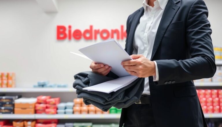 Osoba w profesjonalnym stroju przygotowująca się na rozmowę o pracę do Biedronki