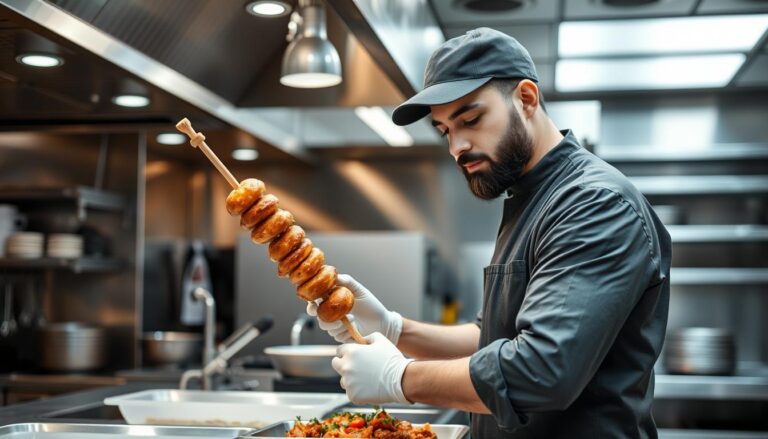 Pracownik kebaba przygotowujący kebab w lokalu gastronomicznym, praca w kebabie zarobki