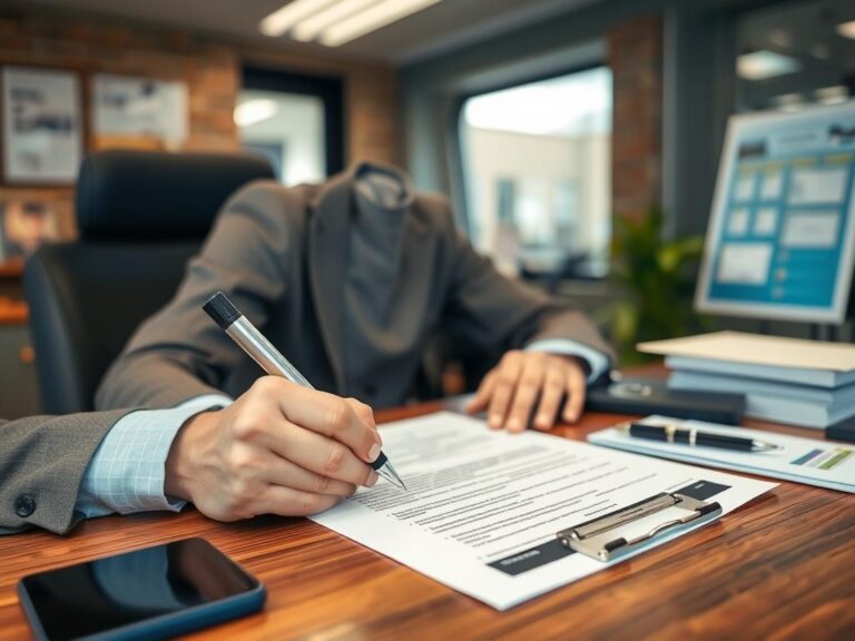 Przedsiębiorca wypełniający oświadczenie o zatrudnieniu kierowcy przy biurku
