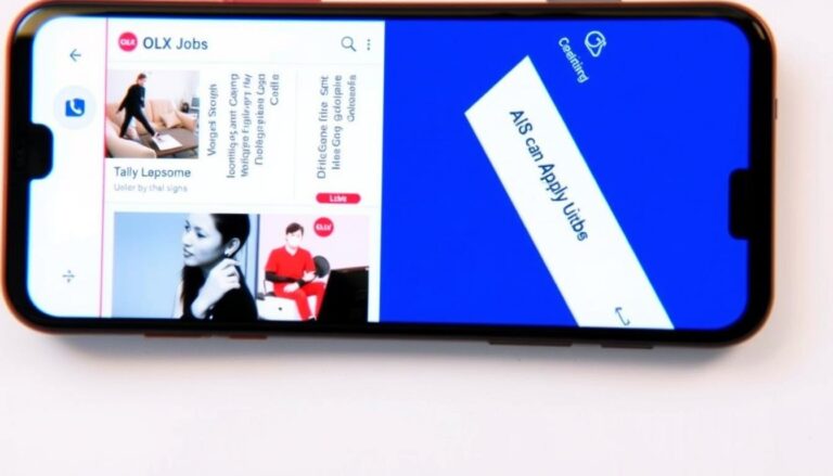 Telefon z aplikacją OLX wyświetlającą sekcję Praca