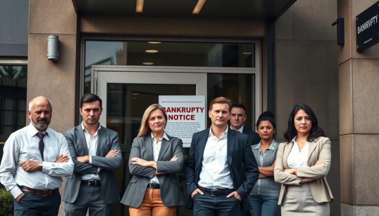 Firma ogłasza upadłość co z pracownikami - pracownicy rozmawiający przed budynkiem firmy