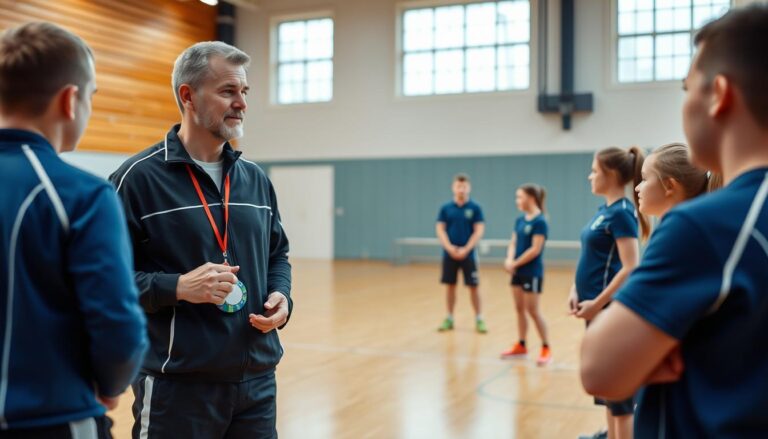 Nauczyciel wychowania fizycznego prowadzący zajęcia sportowe z uczniami w sali gimnastycznej