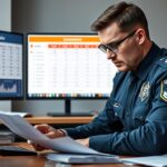 Policjant kryminalny w mundurze sprawdzający dokumenty, ile zarabia policjant kryminalny w 2025 roku