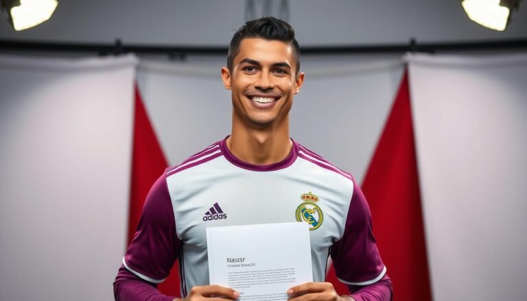 Cristiano Ronaldo w koszulce Al-Nassr z uśmiechem trzymający kontrakt - cristiano ronaldo zarobki