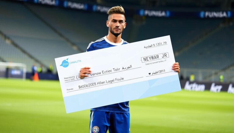 Neymar w koszulce Al-Hilal trzymający czek z kwotą zarobków