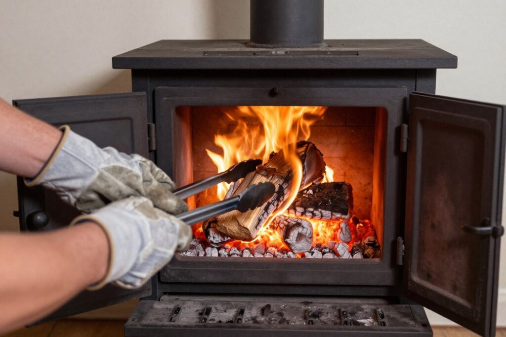 Prawidłowe dokładanie drewna do kozy grzewczej