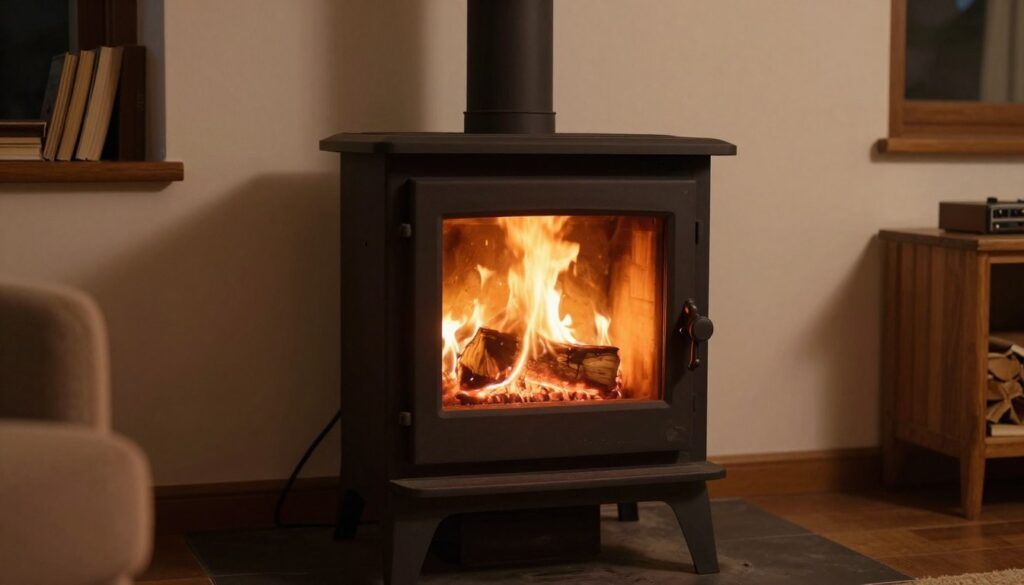 Przytulne wnętrze ogrzewane kozą z widocznym efektywnym spalaniem